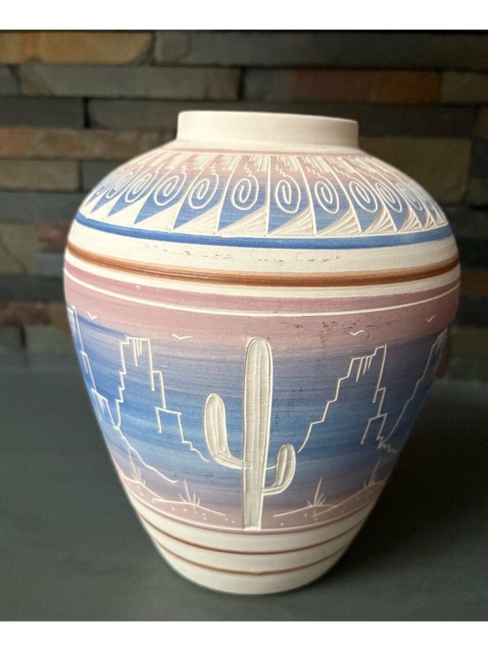 Vintage 1970's Mexican Aztec Etched Pottery Signed Pottery Vase